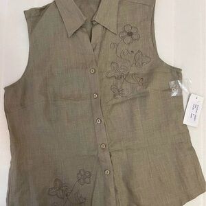 Embroidered Sleeveless Khaki Top